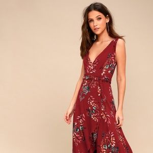 Lulus Amal Burgundy Floral Print Wrap Maxi Dress